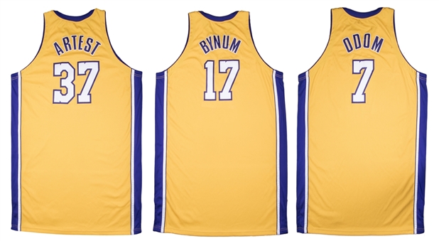 2009-10 NBA Champions Los Angeles Lakers Game Used Jersey Trio Including Ron Artest, Lamar Odom, and Andrew Bynum (Letter of Provenance)
